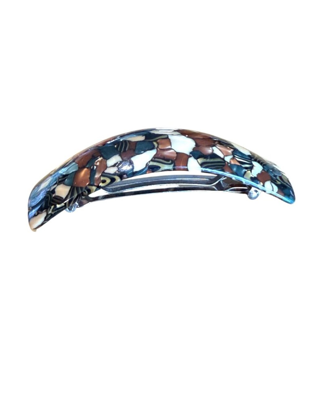 Mosaic Hair Clip Barrette VTG Brown Cream Blue Curved Made in France Plastic - Picture 4 of 6